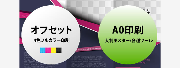 オフセット4色フルカラー印刷、A倍印刷（大盤ポスター/各種ツール）
